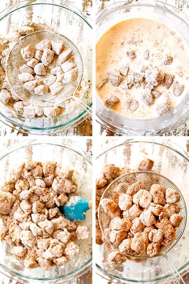 a collage showing how to make Popcorn Chicken by dredging in flour, soaking in buttermilk, transferring back to flour breading then scooping up with a strainer and shaking of excess breading
