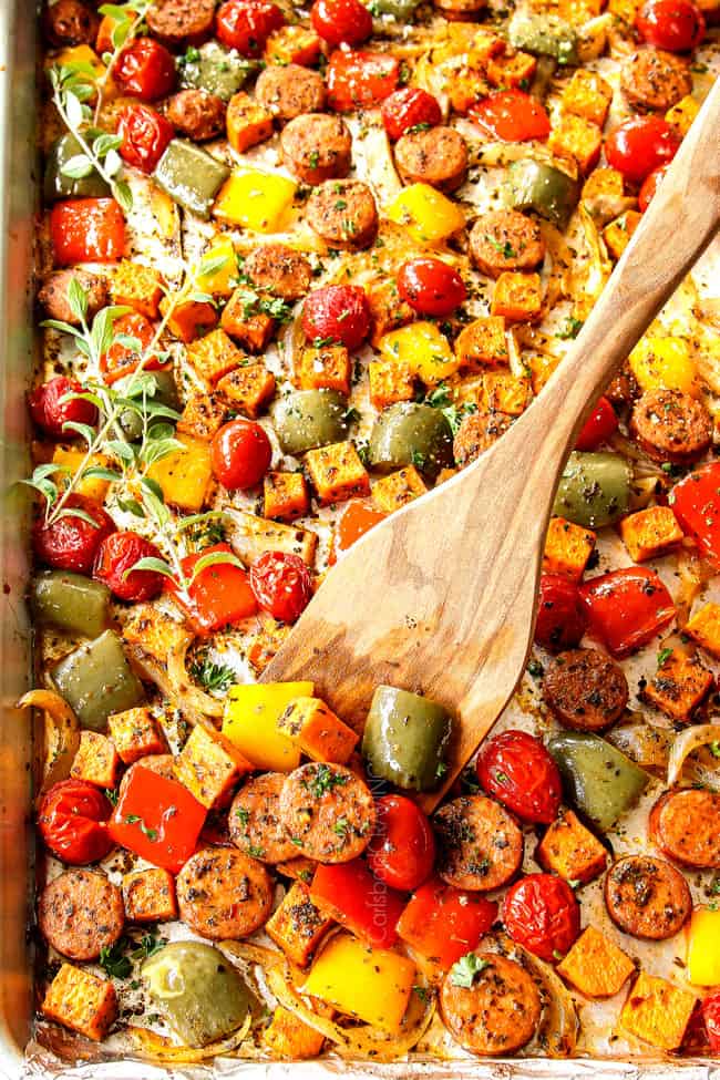 showing how to make baked Sausage and Peppers by baking in the oven until peppers are crisp-tender and sausage are golden