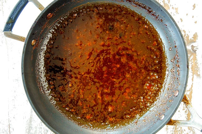 showing how to make Crockpot Honey Garlic Chicken by simmering sauce until thickened