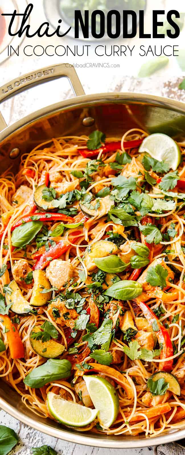 showing how to make rice noodles recipe by tossing rice noodles with chicken, bell peppers, and basil