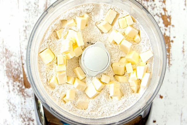 showing how to make Strawberry Shortcake by adding cold butter to flour in a food processor