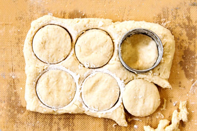 showing how to make Strawberry Shortcake by cutting dough into 6 circles