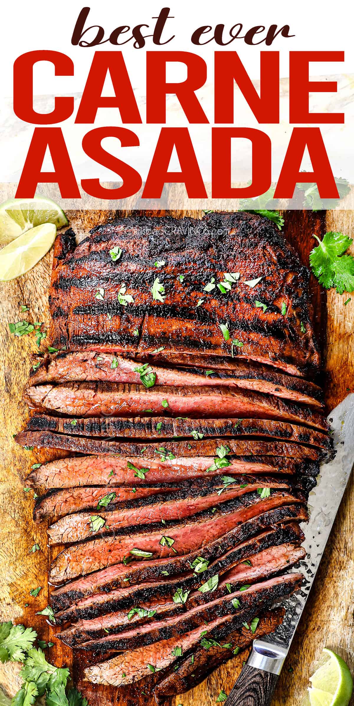 top view of carne asada on a cutting board with slices showing how juicy it is