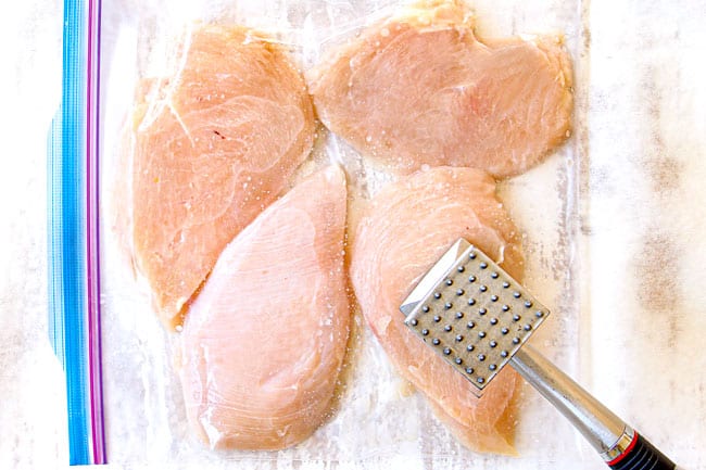 showing how to make coconut chicken by pounding 4 chicken fillets to an even thickness using a meat mallet