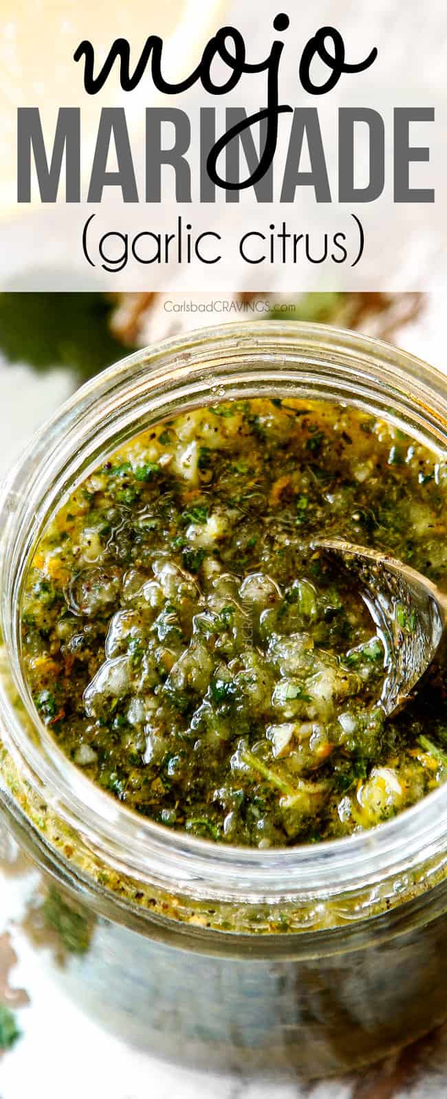 up close of Mojo Marinade in a glass jar