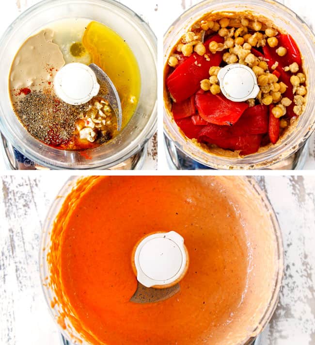 a collage showing how to make roasted red pepper hummus by adding tahini, olive oil to a food processor followed by chickpeas and roasted red bell peppers then blending until smooth