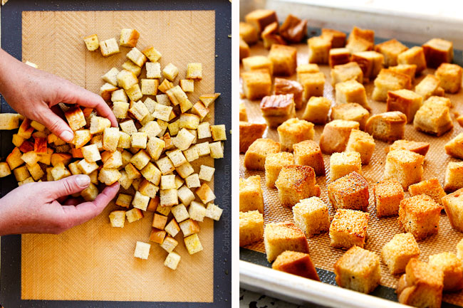a collage showing how to make croutons for steak salad recipe by tossing croutons in olive oil with two hands then baking until golden