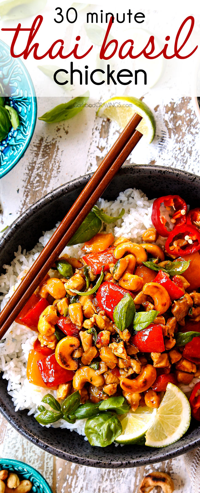 Top view of Thai Basil Chicken in a bowl garnished with cashews