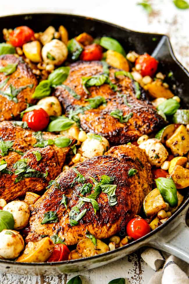 side view of Tuxcan Chicken recipe in the skillet showing the beautiful, golden sear.