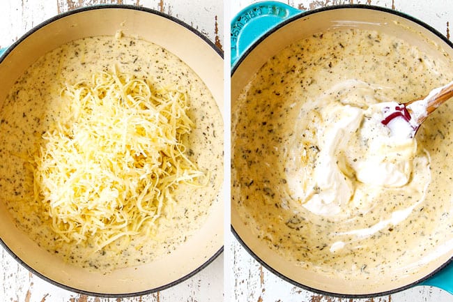 showing how to make zucchini casserole recipe with a collage of making cream sauce by adding Gruyere and sour cream