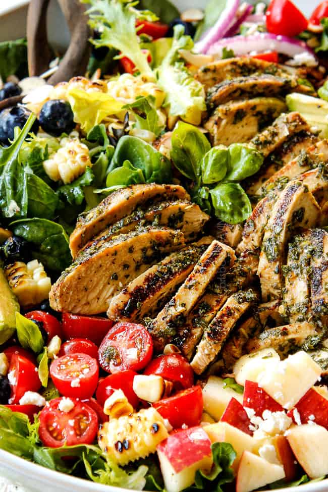 up close side view of grilled chicken salad recipe showing how juicy the grilled chicken is
