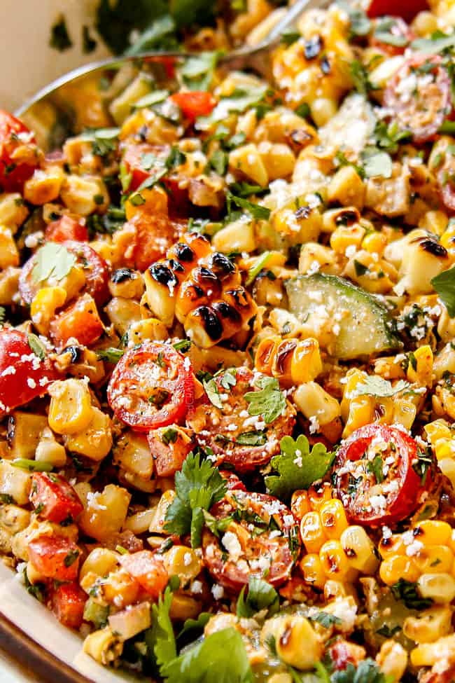 up close of Mexican Street Corn Salad (esquites) showing the charred corn