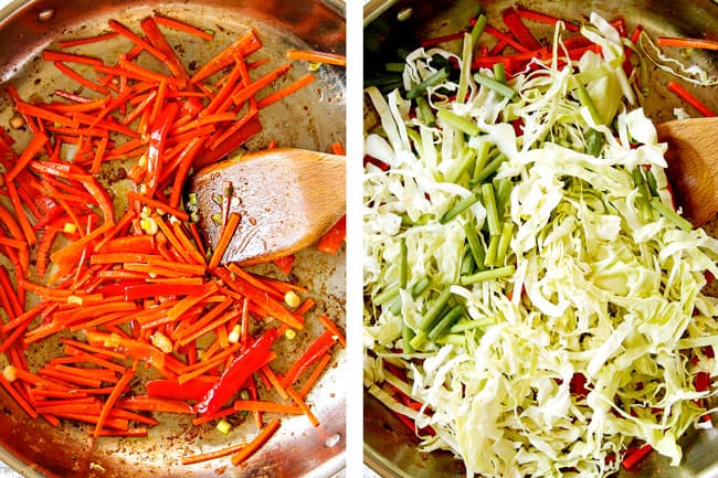 showing how to make yakisoba recipe with a collage cooking carrots and bell peppers and then adding cabbage and green onions in a stainless steel skillet
