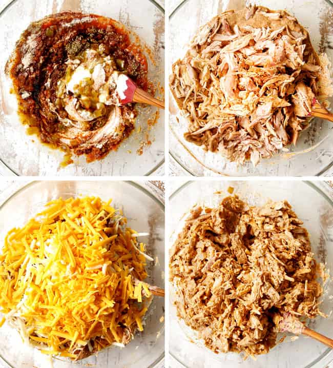 a collage showing how to make flautas by adding salsa, sour cream, seasonings, chicken and cheese to a glass bowl