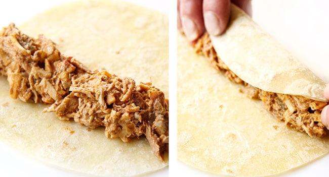a collage showing how to make flautas by adding chicken filling to a flour tortilla and staring to roll