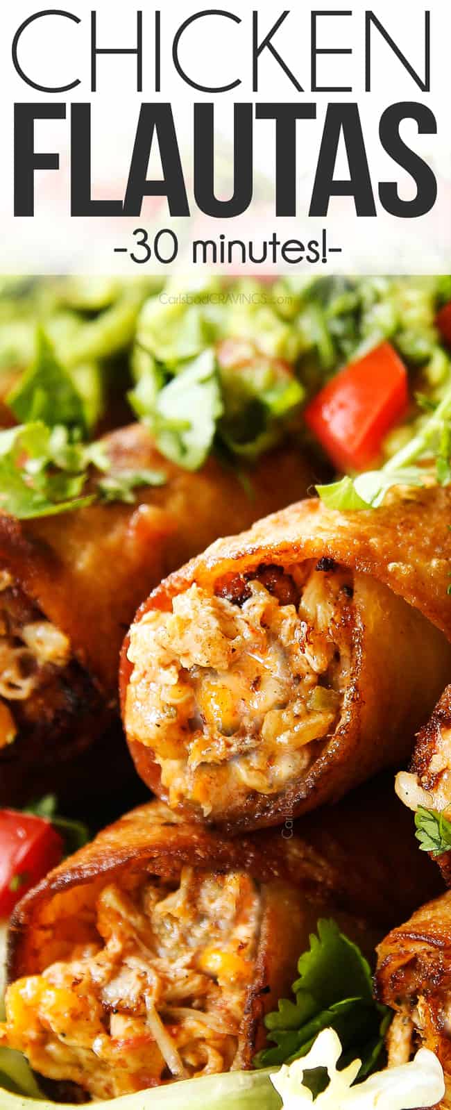 up close of chicken flautas showing how cheesy and creamy they are