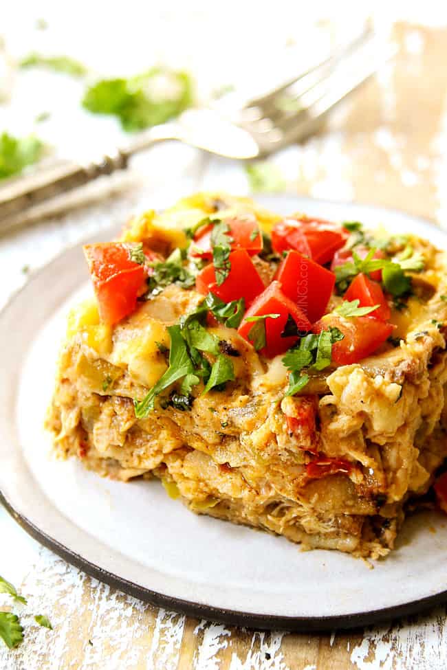 a slice of King Ranch Chicken Casserole on a white plate