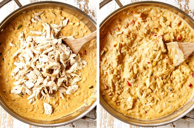 showing how to make King Ranch Casserole by stirring in chicken until fully combined in the sauce