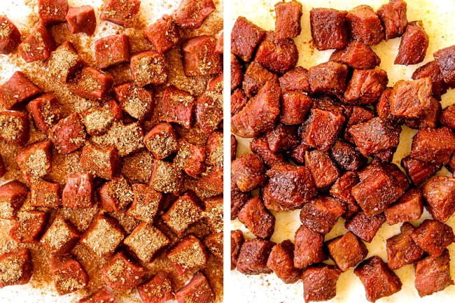 showing how to make steak and potatoes recipe by seasoning steak bites on a white cutting board and tossing to combine