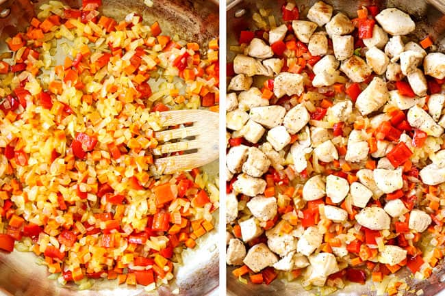a collage showing how to make chicken broccoli cheese rice casserole by sautรฉing onions and bell peppers and the adding the chicken and cooking until opaque