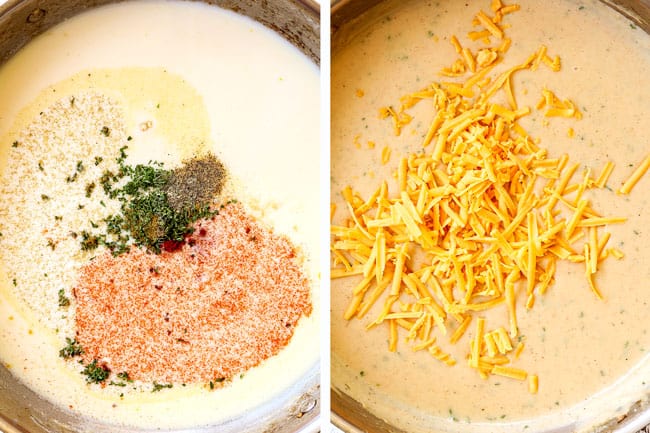 a collage showing how to make chicken broccoli cheese rice casserole by adding chicken broth, milk and seasonings to a skillet and simmering until thickened and then adding grated cheddar cheese