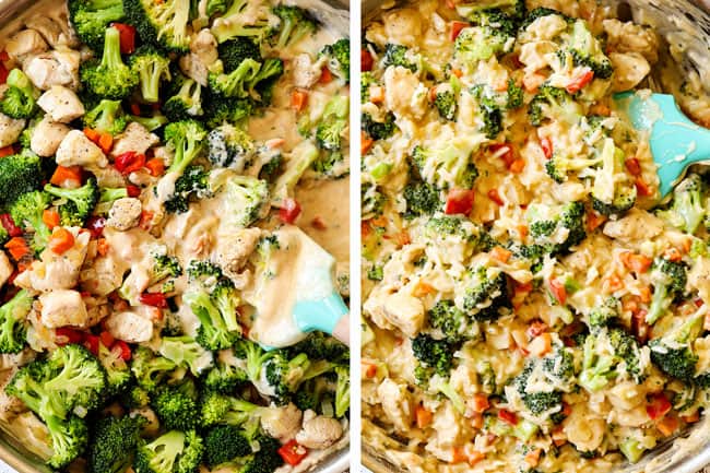a collage showing how to make chicken broccoli and rice casserole by adding cheese sauce to chicken and broccoli mixture and then folding in rice