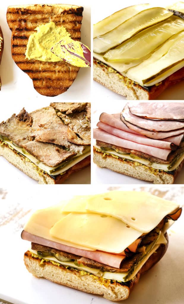 a collage showing how to make Cuban sandwich recipe (Cubanos) by smearing cut side of bread with mustard then layering with Swiss cheese, pickles, mojo Cuban pork, smoked ham and Swiss cheese