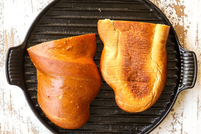showing how to make Cubano sandwiches (Cubanos) by toasting bread on a griddle pan