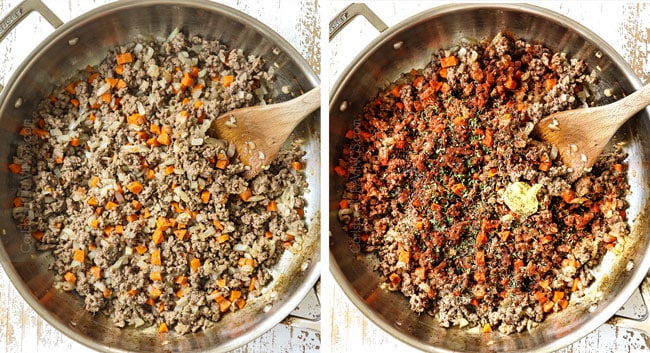 showing how to make hamburger helper recipe by browning beef with onions, carrots and garlic in a skillet and then adding seasonings