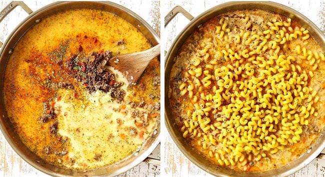a collage showing how to make homemade hamburger helper by adding the evaporated milk and beef broth to the skillet then adding the pasta