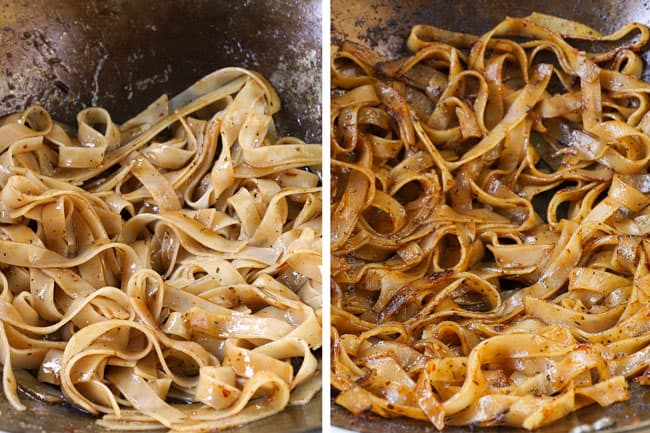 a collage showing how to make pad see ew recipe by adding the noodles to a wok with the sauce and then stir frying until caramelized