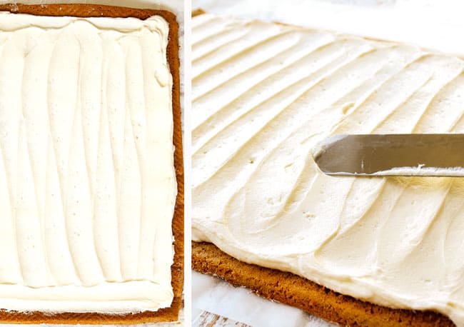 a collage showing how to make a pumpkin roll by frosting with cream cheese frosting