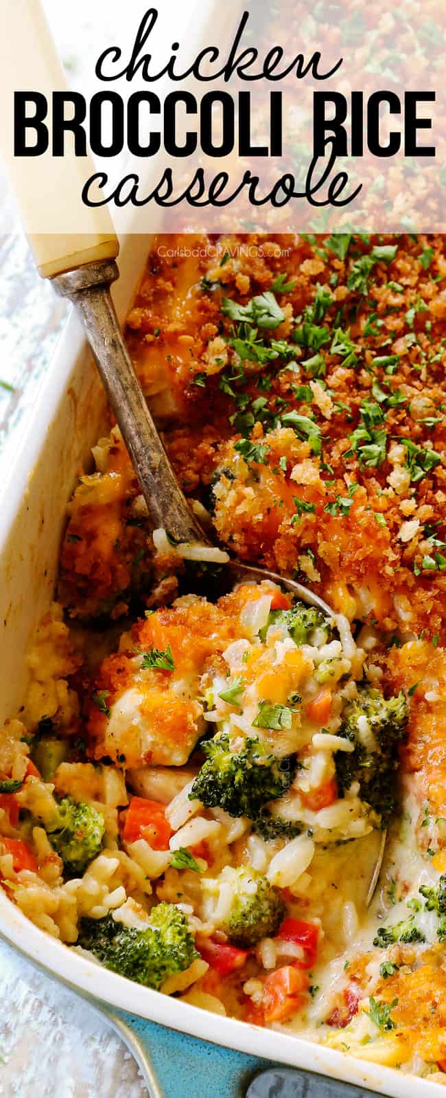 top view of chicken broccoli rice casserole 