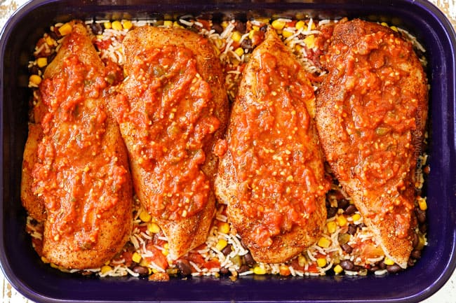 showing how to make salsa chicken recipe by adding chicken on top of rice and beans in a 9x13 dish then topping with salsaa