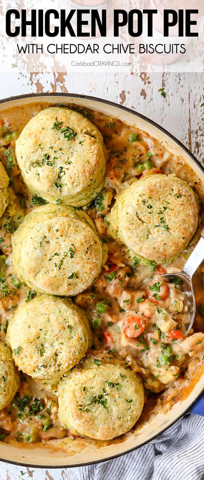top view of homemade chicken pot pie with a serving spoon