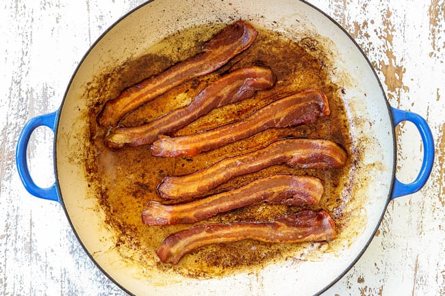 showing how to make creamy Brussel sprouts recipe by frying bacon in a skillet