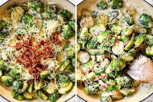 a collage showing how to make creamy Brussel sprouts with bacon by adding Gruyere cheese and bacon to Brussels sprouts then stirring in