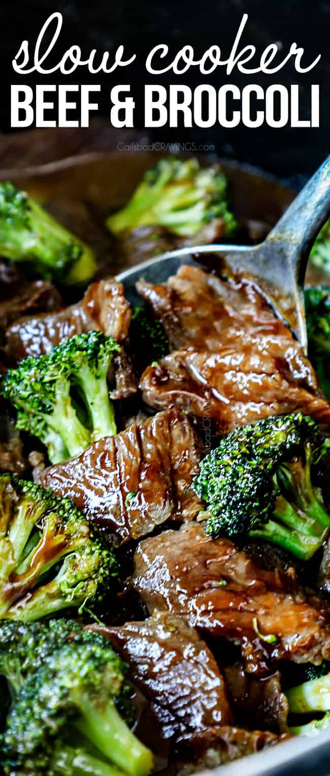 up close of crockpot beef and broccoli in the slow cooker showing how tender the steak is