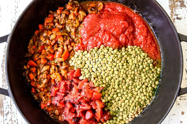 showing how to make lentil curry recipe by adding lentils, diced tomatoes, crushed tomatoes and coconut milk to a black pot