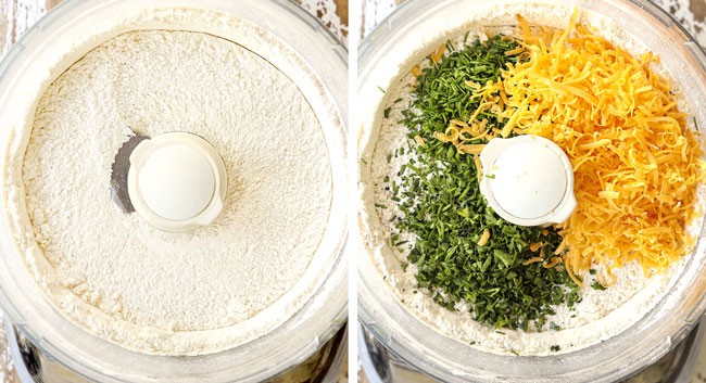 a collage showing how to make chicken pot pie with biscuits by adding flour, baking powder, sugar, cheese and chives to a food processor and pulsing to combine