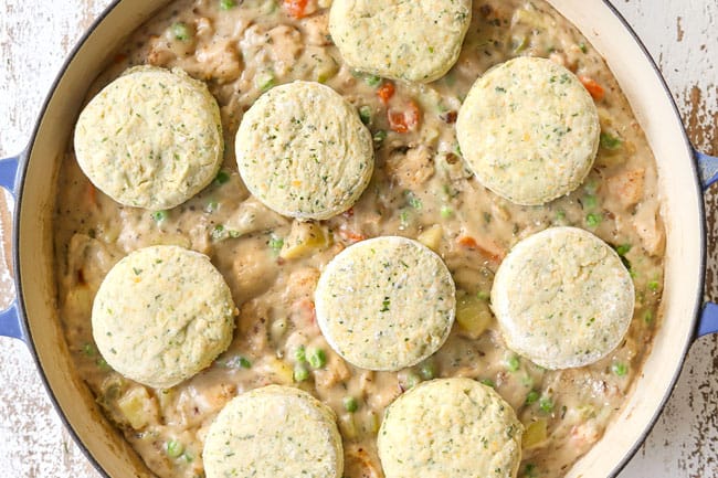 a collage showing how to make chicken pot pie with biscuits by topping with biscuits