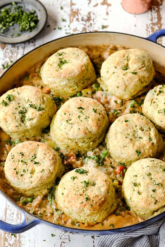 easy chicken pot pie with biscuits in blue pot