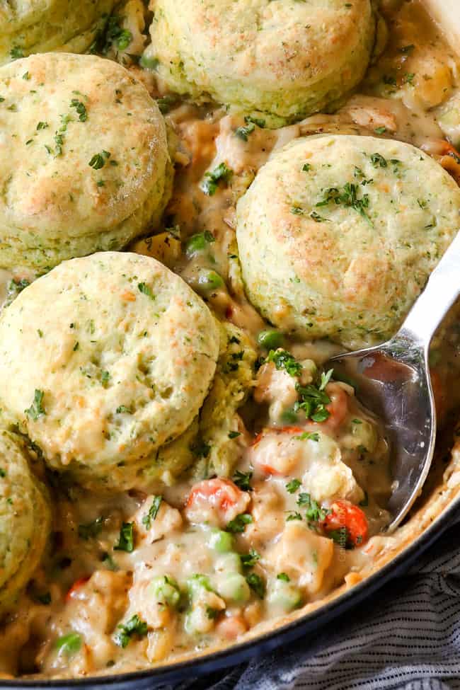 up close of a spoon scooping up chicken pot pie recipe