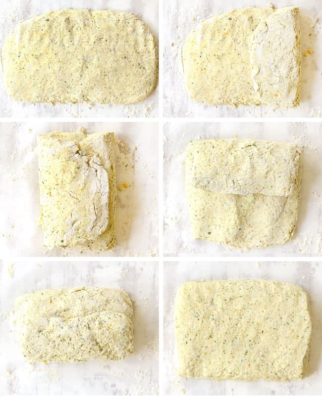 a collage showing how to make chicken pot pie with biscuits by folding dough into thirds, flattening and repeating