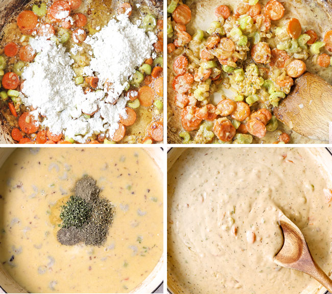 a collage showing how to make chicken pot pie with biscuits by adding flour and sautรฉing the veggies, stirring in chicken broth and heavy cream then simmering until thickened