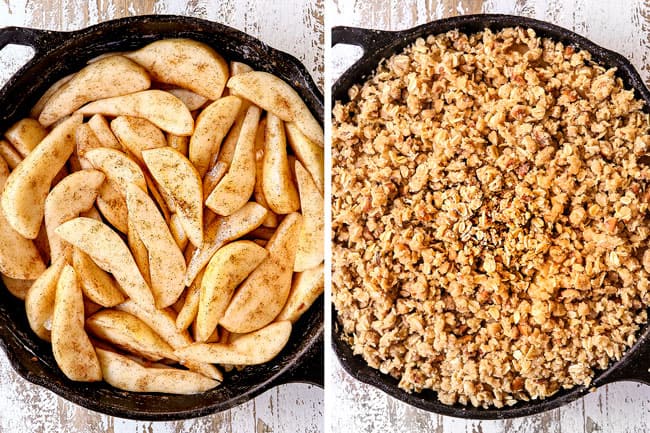 a collage showing how to make pear crisp by adding pears to a skillet and topping with crumble topping
