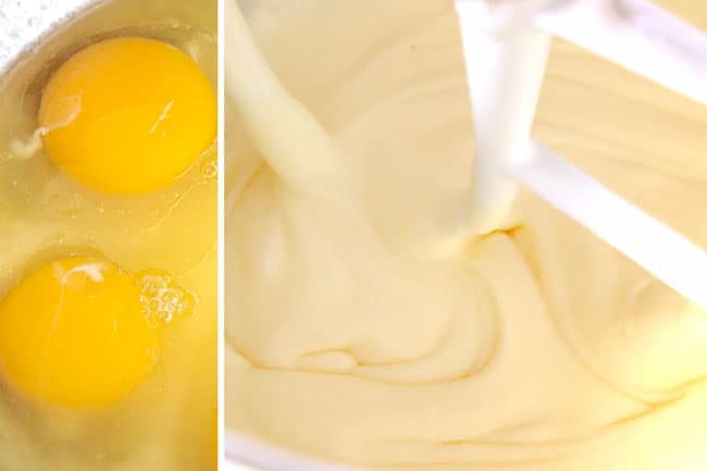 a collage showing how to make pumpkin spice cake by adding eggs, melted butter and sugar to a mixing bowl then beating until thick