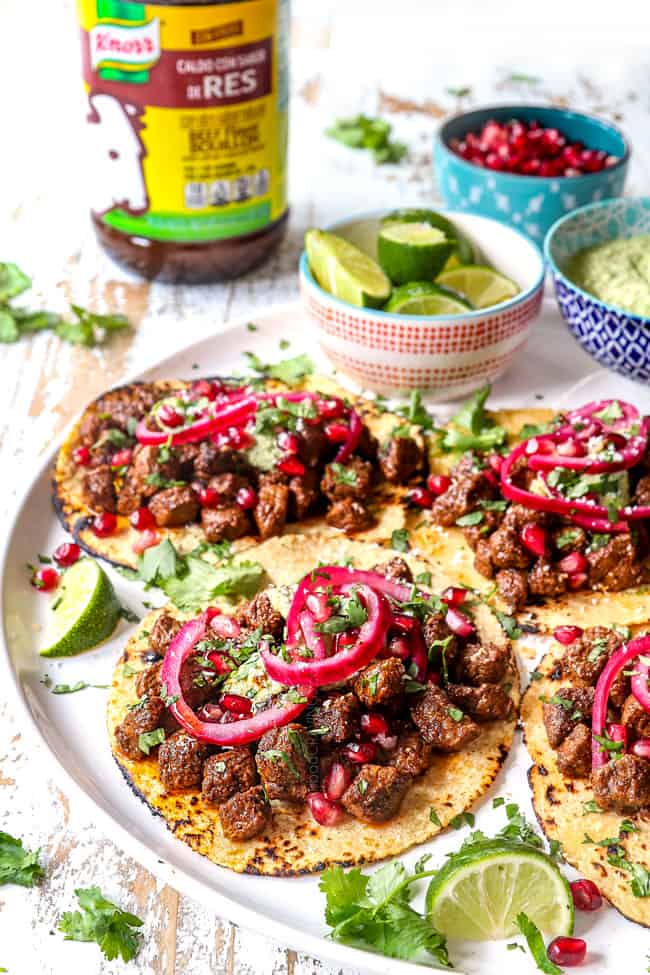 steak tacos laid flat showing the juicy steak