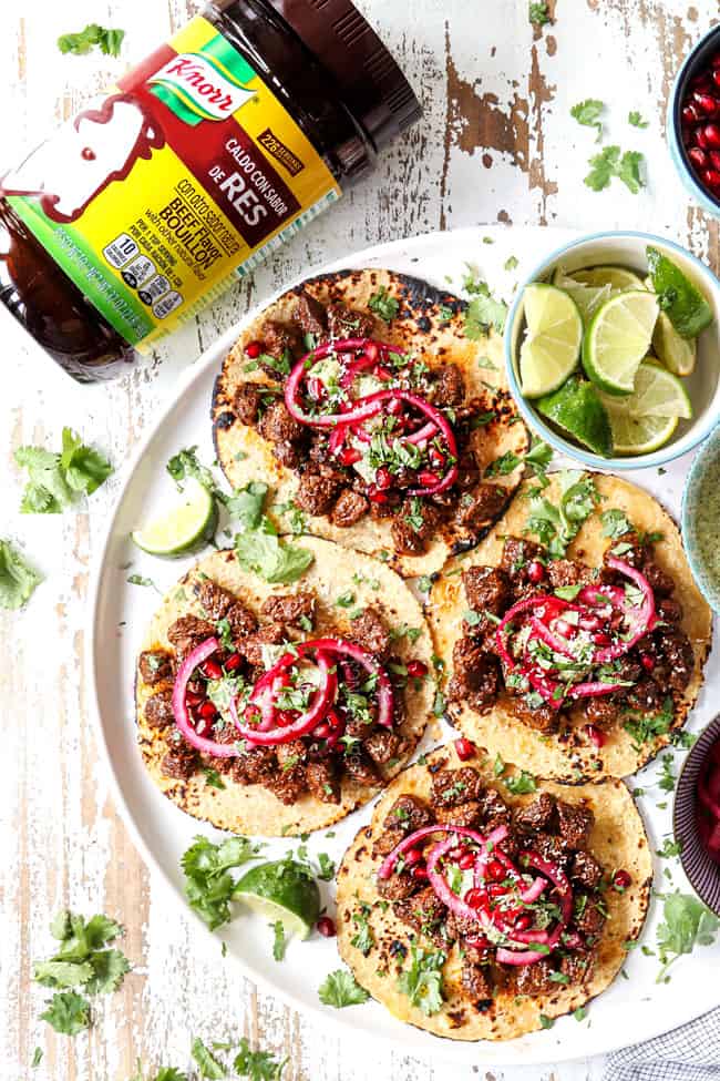 top view of steak tacos on corn tortillas