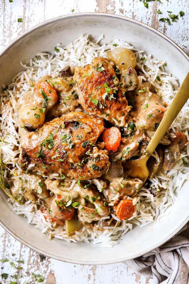 top view of chicken fricassee recipe served over rice
